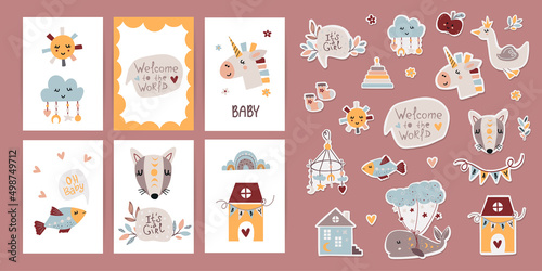Fototapeta Naklejka Na Ścianę i Meble -  Set of posters with motivational phrases, stickers with with children's toys