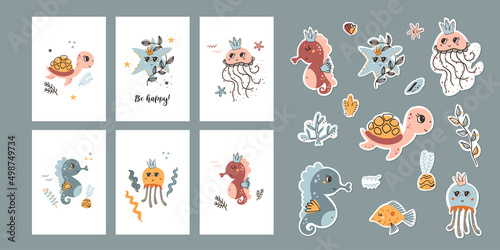 Set of posters with motivational phrases, stickers with sea animals