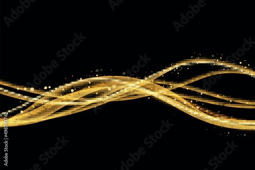 Abstract shiny gold wave design element and glitter effect on dark background.