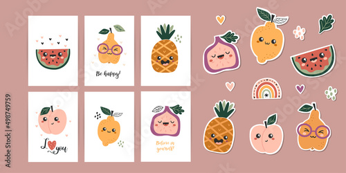 Set of posters with motivational phrases, stickers with cute fruits