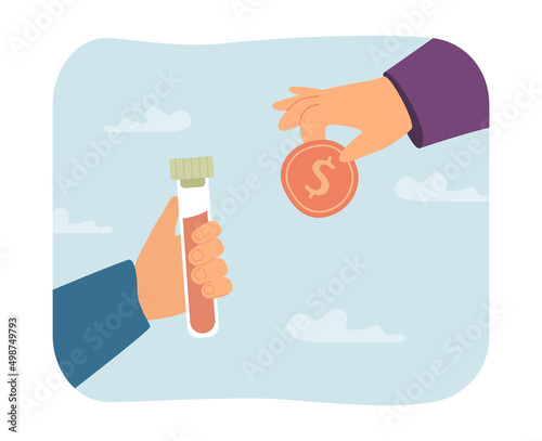 Hand exchanging tube with cure or vaccine for gold coin. Sponsor investing in medication flat vector illustration. Medicine, investment concept for banner, website design or landing web page