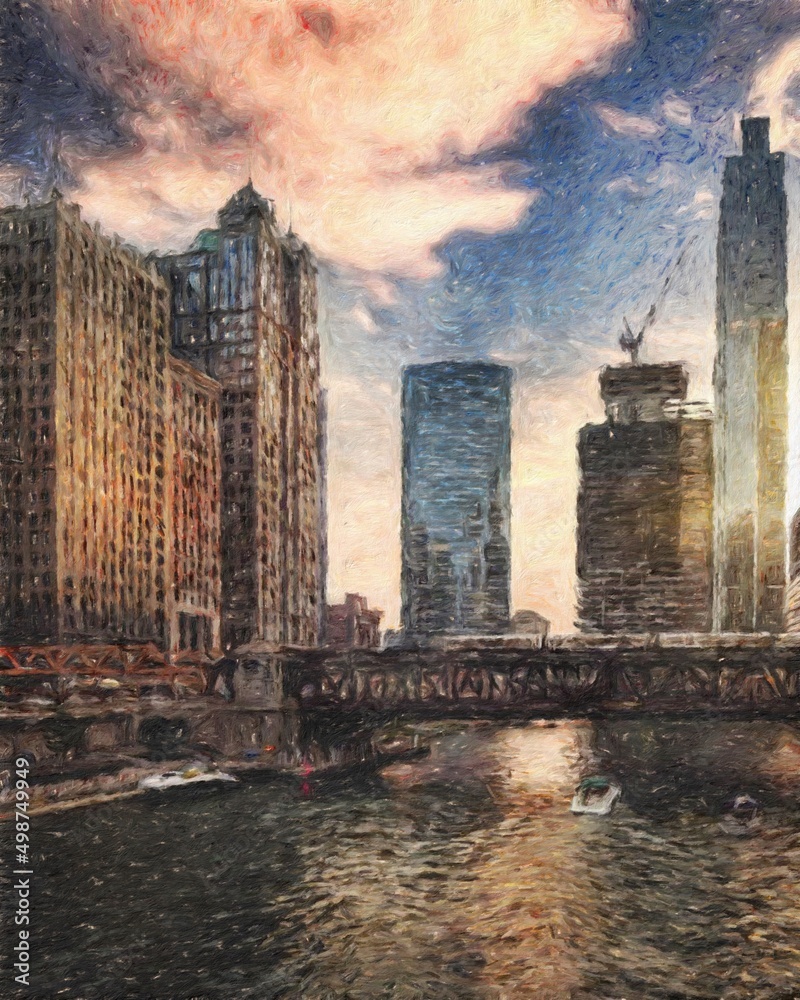 Real painting modern artistic artwork Chicago USA drawing in oil city center skyscrapers and architecture, America travel downtown, wall art print for canvas or paper poster, tourism production design