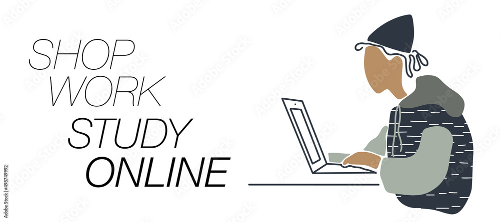 Work, study, shop online activity clipart with young gender neutral ...
