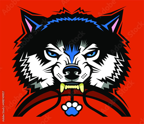 mean wolf mascot biting basketball for school, college or league