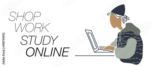 Work, study, shop online activity clipart with young gender neutral character wearing hoodie and hat, typing on a keyboard of a laptop computer. 