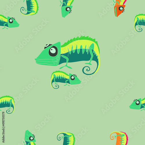 Seamless tylized colored chameleons. Hand drawn.