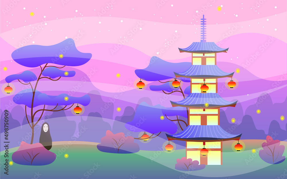 Chinese pagoda with lanterns and a ghost. Beautiful Asian landscape with ancient ruins. Blooming sakura with forest.