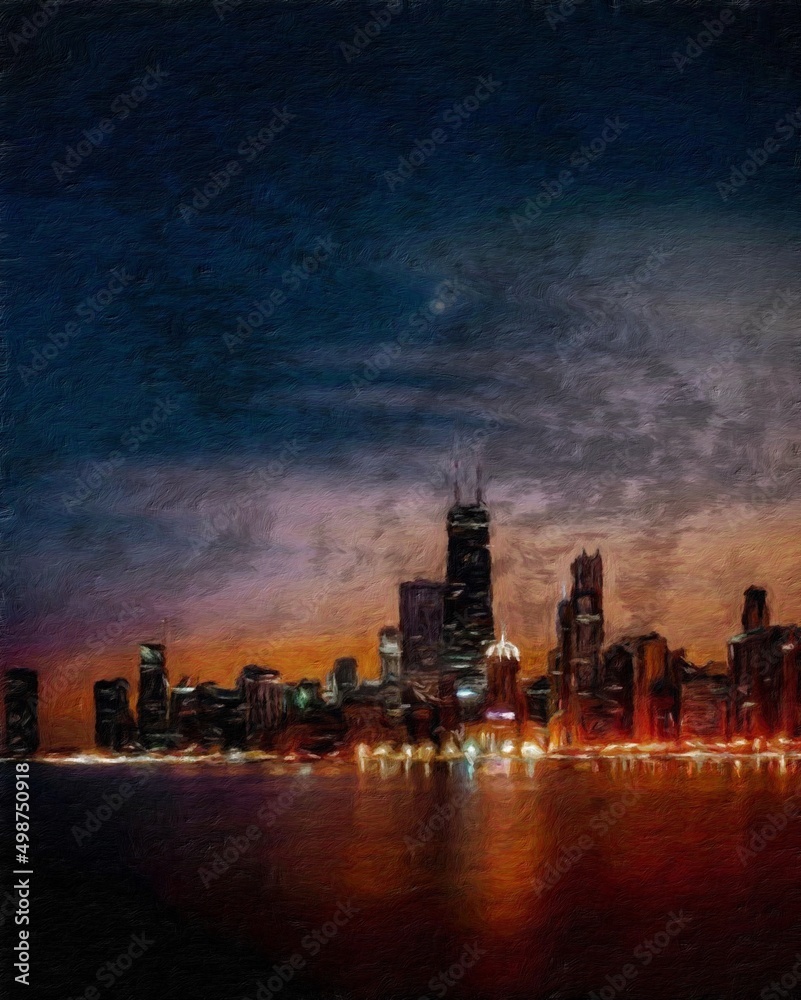 Obraz premium Real painting modern artistic artwork Chicago USA drawing in oil city center skyscrapers and architecture, America travel downtown, wall art print for canvas or paper poster, tourism production design