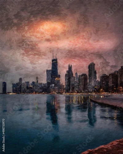 Real painting modern artistic artwork Chicago USA drawing in oil city center skyscrapers and architecture, America travel downtown, wall art print for canvas or paper poster, tourism production design © Mashkhurbek