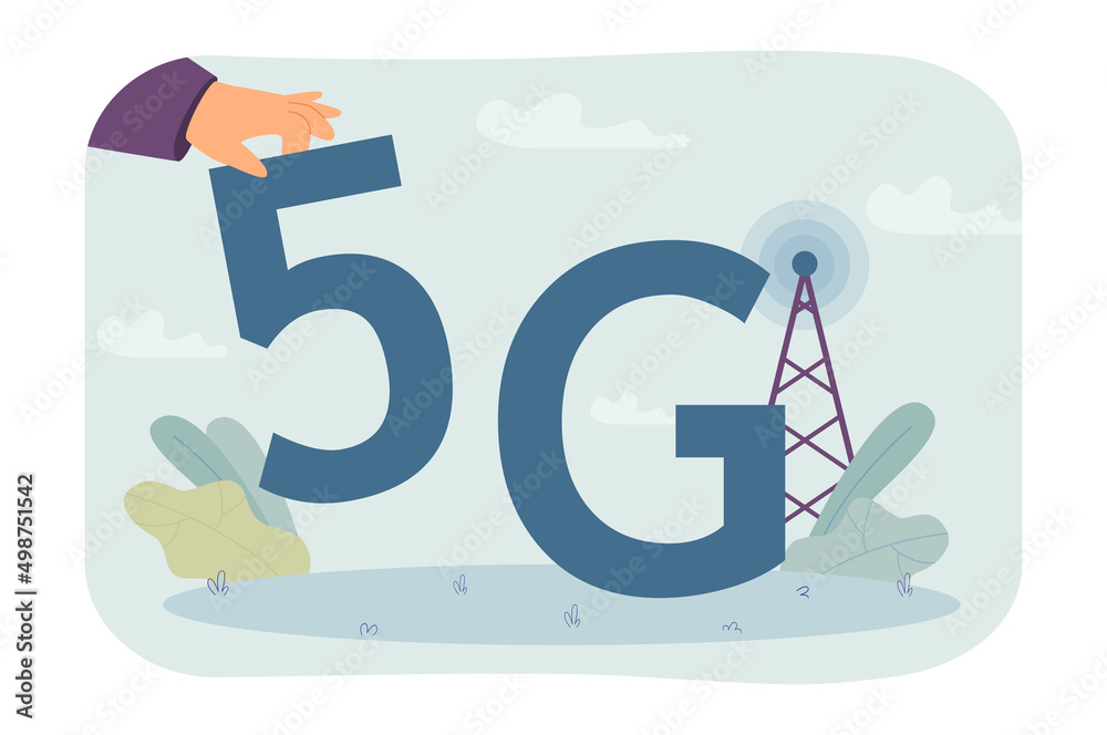 Hand holding huge 5G symbol. Radio or transmission tower flat vector illustration. Future, wireless technology, internet connection, telecommunication concept for banner or landing web page