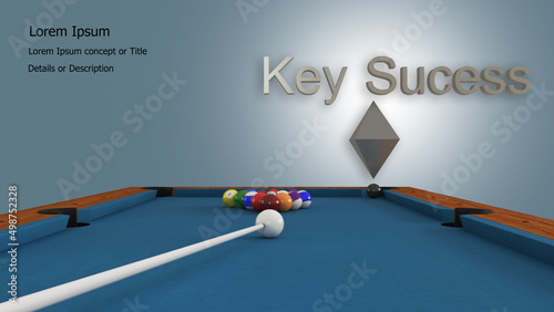 3D render Colourful pool table concept to key suceess to concentrate to goal for win or finish job photo