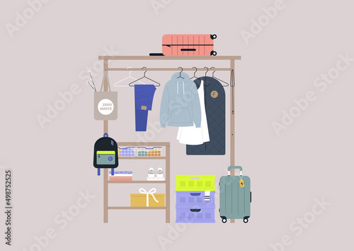 An open wooden wardrobe with hangers, shelves, and crates, millennial lifestyle