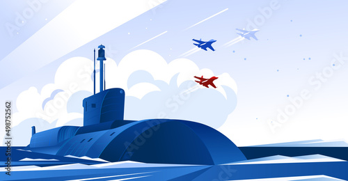 Russian strategic nuclear missile submarine card. May 9 Victory Day. Vector illustration