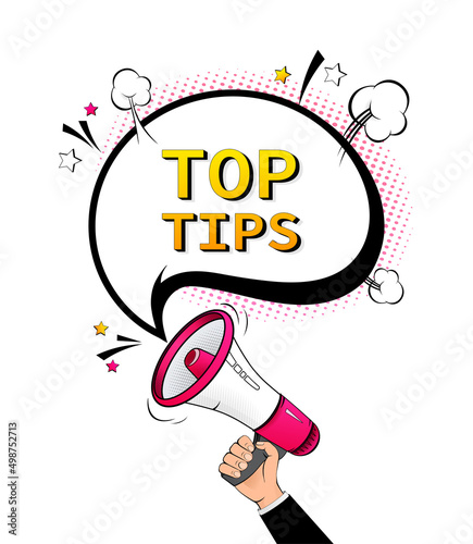 Megaphone - Top tips on white background. Pop style. Vector stock illustration
