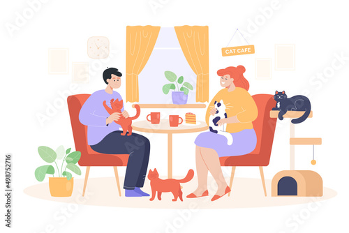 Adorable scene at cat cafe with couple sitting at table. Happy young woman and man fondling kittens on lap flat vector illustration. Domestic animals concept for banner  website design or landing page