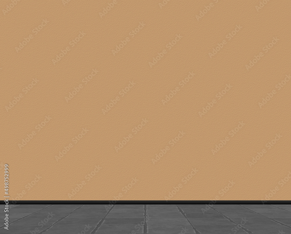 Leere Wand mit Raufaser-Tapete in hellbraun mit Fußleiste und Steinboden dunkel, Warme Farbtöne, boho, Werbefläche, Ersatz-Hintergrund 
