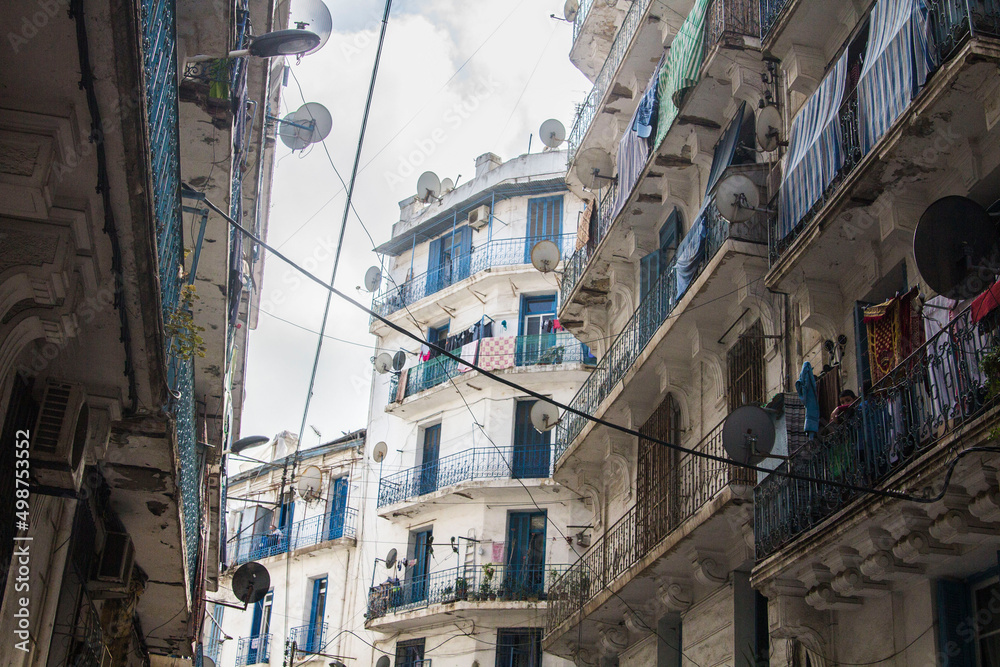 French colonial architecture: houses, windows, balconies. Major part of Algiers city was built by French during 1830-1962 years, Algiers, Algeria
