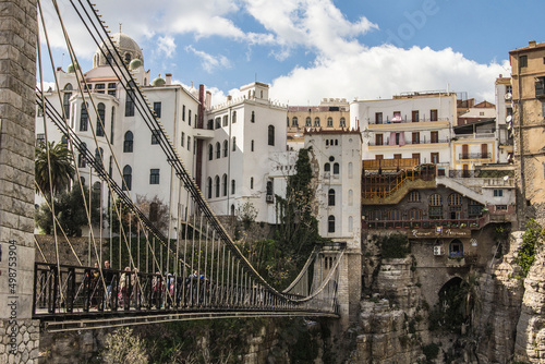 View of suspended bridge with old houses on the background, Constantine, Algeria