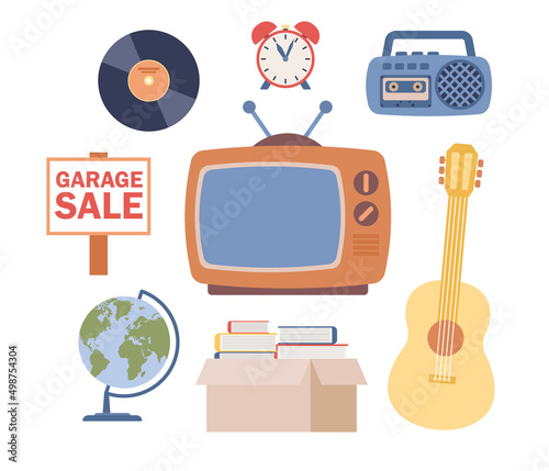 Garage sale icon set. Flea market. Yard sale. Vintage goods or rag fair. Bazaar. Vector flat illustration