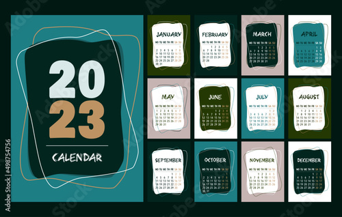 Calendar 2023 template, turquoise, green, gray, white and black desk calendar design. Week start On Monday, planner, stationery, wall calendar. Vector illustration