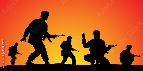 Soldiers troop in operative mission sunset silhouette background, warrior in the battle design vector illustration.