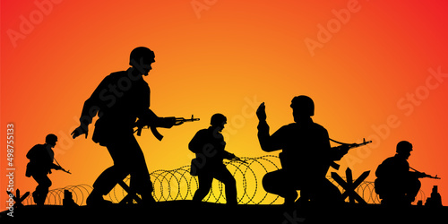 Soldiers troop in operative mission sunset silhouette background, warrior in the battle design vector illustration.