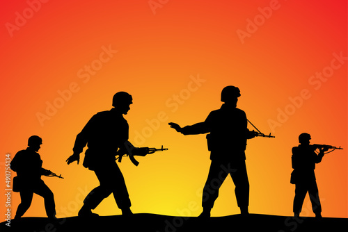 Soldiers troop in operative mission sunset silhouette background, warrior in the battle design vector illustration.