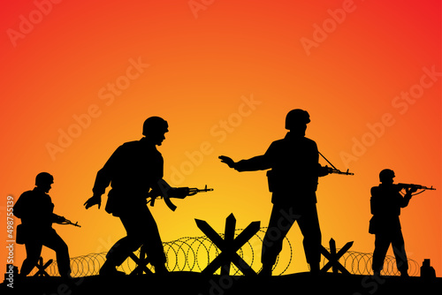 Soldiers troop in operative mission sunset silhouette background, warrior in the battle design vector illustration.
