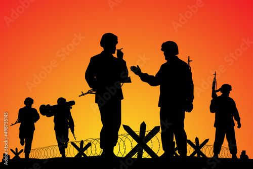 Soldiers troop in operative mission sunset silhouette background, warrior in the battle design vector illustration.