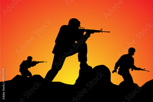 Soldiers troop in operative mission sunset silhouette background, warrior in the battle design vector illustration.
