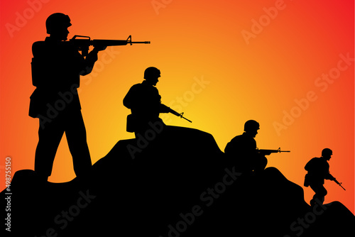 Soldiers troop in operative mission sunset silhouette background, warrior in the battle design vector illustration.