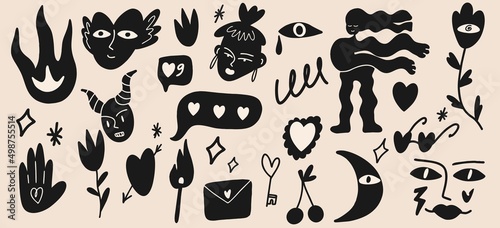 Big set of different abstract doodle icons. Hearts, faces, plants, characters and more. Vector illustration, cartoon style, flat design. All elements are isolated.