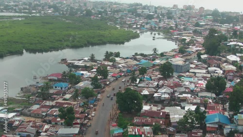 aerial perspective on a street in Monrovia, Liberia along the Mesurado River in Africa photo