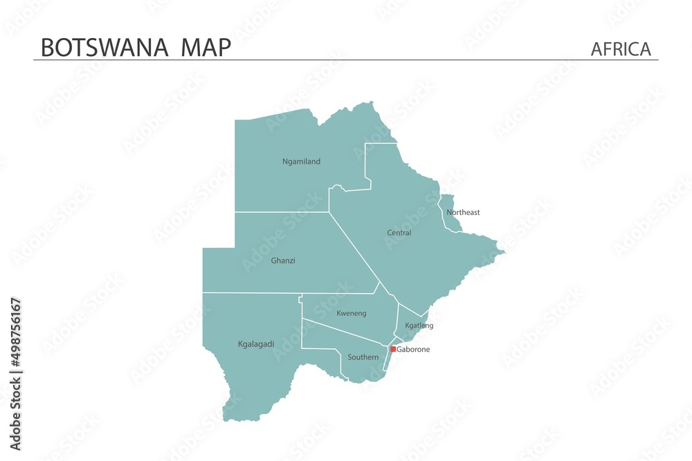 Botswana map vector illustration on white background. Map have all province and mark the capital city of Botswana.