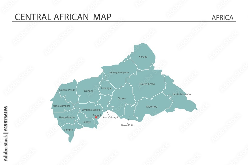 Central African map vector illustration on white background. Map have all province and mark the capital city of Central African.