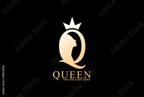 Elegant Luxury Letter Q with Woman Girl Lady Female Silhouette Crown for Queen Logo Design Vector