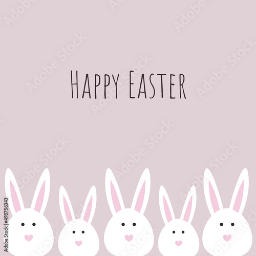 Happy Easter, decorated easter card, banner. Bunnies, Easter eggs, flowers and basket. Folk style patterned design.	
