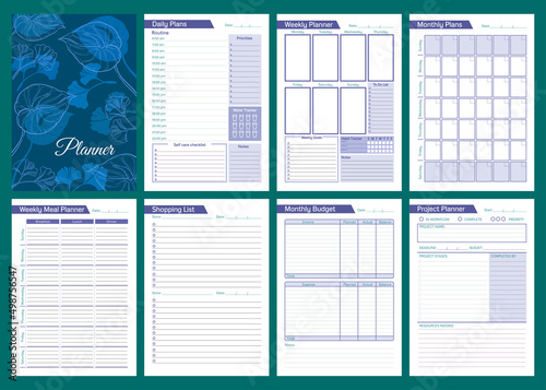 Printable vector planner pages templates in blue shades. Daily, weekly, monthly, project, budget and meal planners. photo