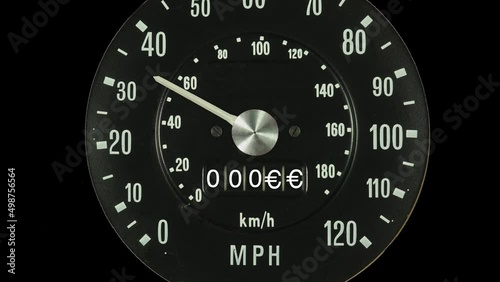 Vehicle speedometer showing increasing speed with the odometer displaying increasing transport vehicle fuel and oil costs in European Euros. Rising energy costs. photo