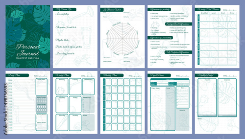 Printable vector planner pages templates in green and turquoise shades. Daily, weekly, monthly, project, budget planners. Pages with life balance wheel, affirmations and manifestations. photo