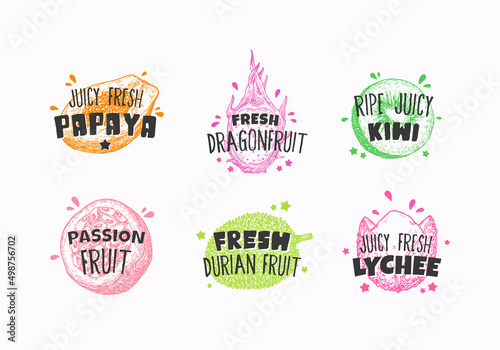 Juicy Fresh Ecxotic Fruits Badges, Labels or Logo Templates Collection. Hand Drawn Papaya, Lychee, Pitaya, Kiwi and Durian Sketch with Playful Typography. Premium Exotic Food Emblems Set. Isolated