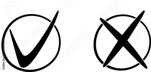 Black check mark, black cross mark icon set. Isolated tick symbols, checklist signs, approval badge. Flat and modern checkmark design, vector illustration.