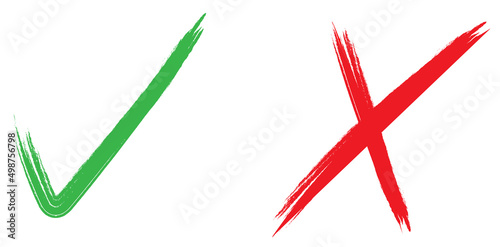 Green check mark, red cross mark icon set. Isolated tick symbols, checklist signs, approval badge. Flat and modern checkmark design, vector illustration.