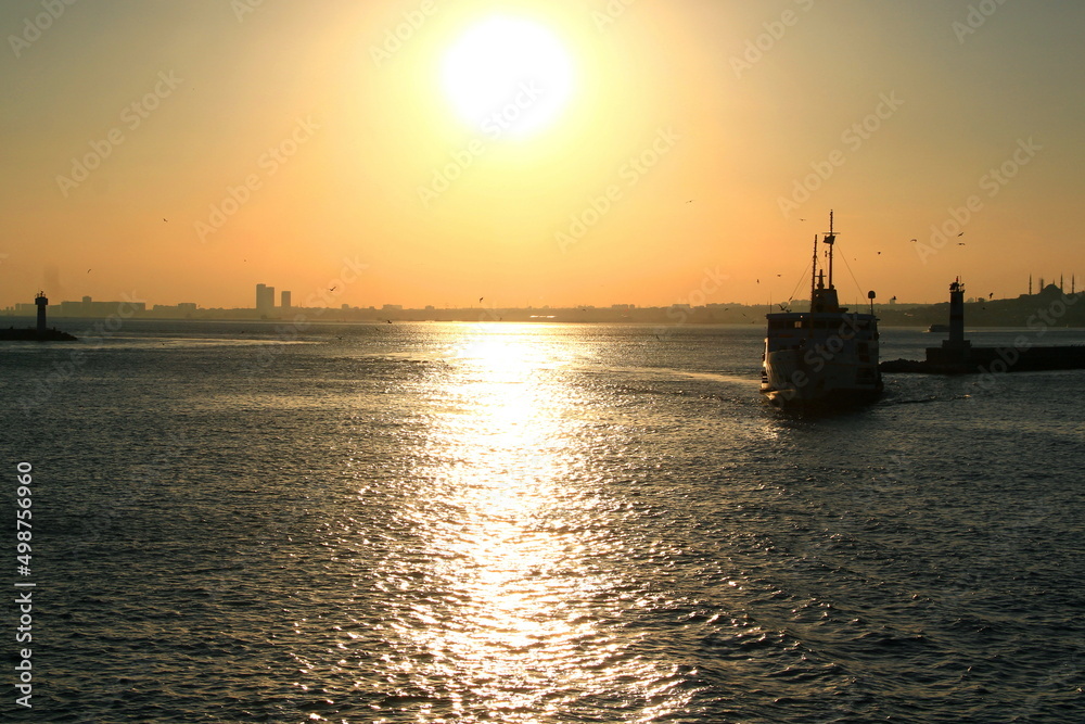 Ship, seagulls, Bosphorus Strait and panorama of Istanbul at sunset