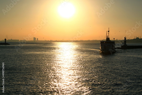Ship, seagulls, Bosphorus Strait and panorama of Istanbul at sunset © Kateryna