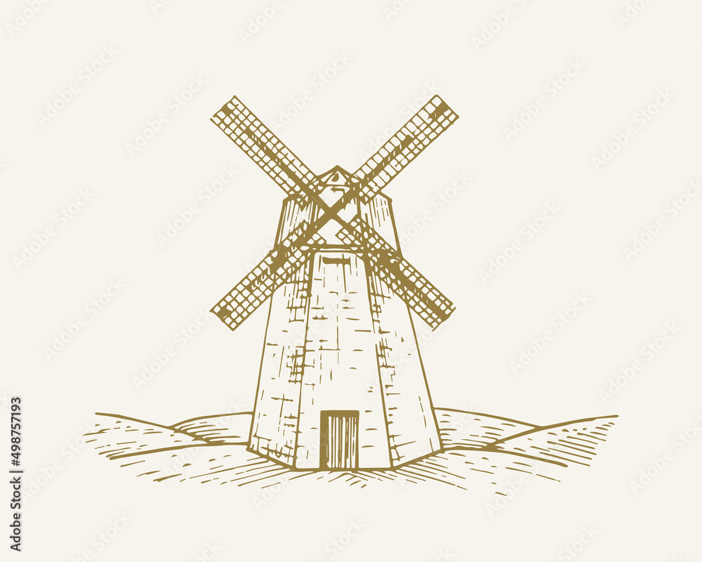 Obraz premium Hand Drawn Rural Building Landscape Vector Illustration. Windmill Sketch. Village Mill House Doodle. Isolated