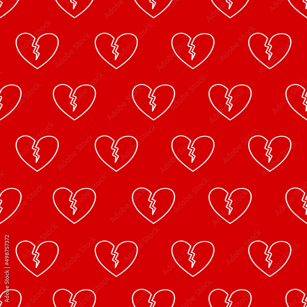 Broken heart seamless pattern on red background.