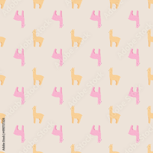 Cheerful alpaca seamless pattern. Background with funny llama in doodle style for fabric.