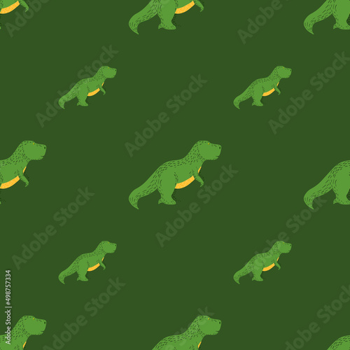 Seamless pattern cute T-Rex dino. Background of funny dinosaurs in doodle style.