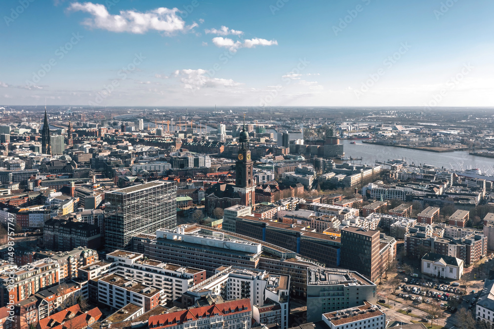 Cityscape of Hamburg, Germany, on the sunny day. Aerial panoramic view on the city center, Hafencity and St Pauli district